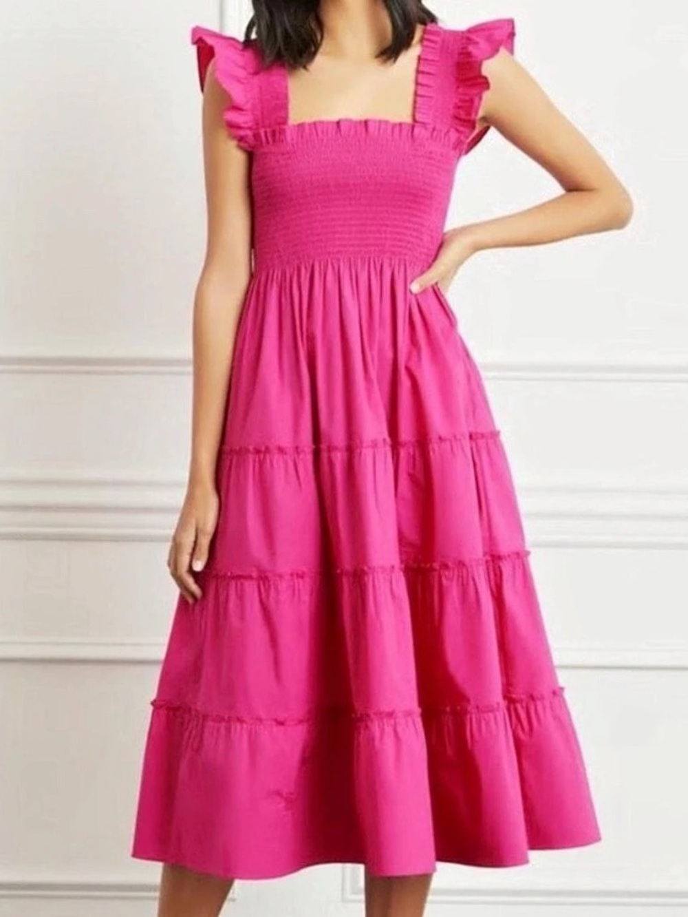 Hill House Home The Nap Dress Tiered Ruffle Midi Dress in Pink Size XS